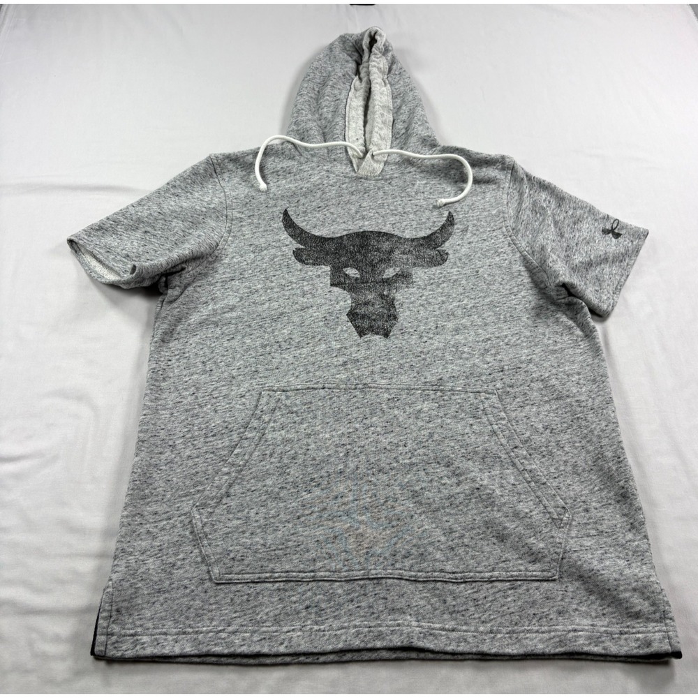 Under Armour Project Rock Hoodie Mens M Gray Brahma Bull Pullover Short Sleeve